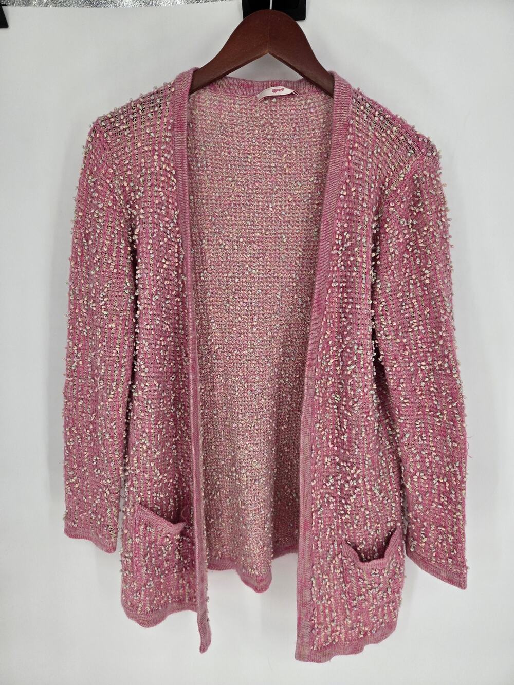 Leggiadro Pink Open Knit Popcorn Stitch Cardigan Cashmere Blend Women's L